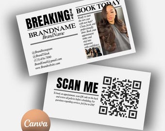 Plantilla editable de Canva para tarjetas de visita con diseño de periódico para negocios (peluquería, manicura, maquillaje, etc.)
