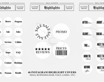 46 portadas destacadas de Instagram para pequeñas empresas, peluqueros, técnicos de uñas y pestañas, etc., con temática de periódico y minimalista.