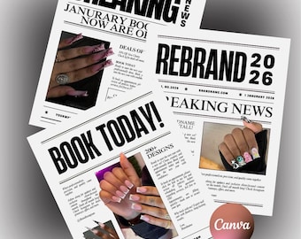 Plantillas de periódico editables en Canva (paquete de 3) para empresas (tecnología de uñas) – Publicación en redes sociales