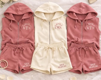 Embroidered Zip Hoodie and Shorts Set, Bridal Lounge Wear, Monogram Matching Outfit