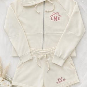 Embroidered Zip Up Hoodie and Shorts Set, Bridesmaid Getting Ready Outfit, Bachelorette Coquette Monogram Matching Set