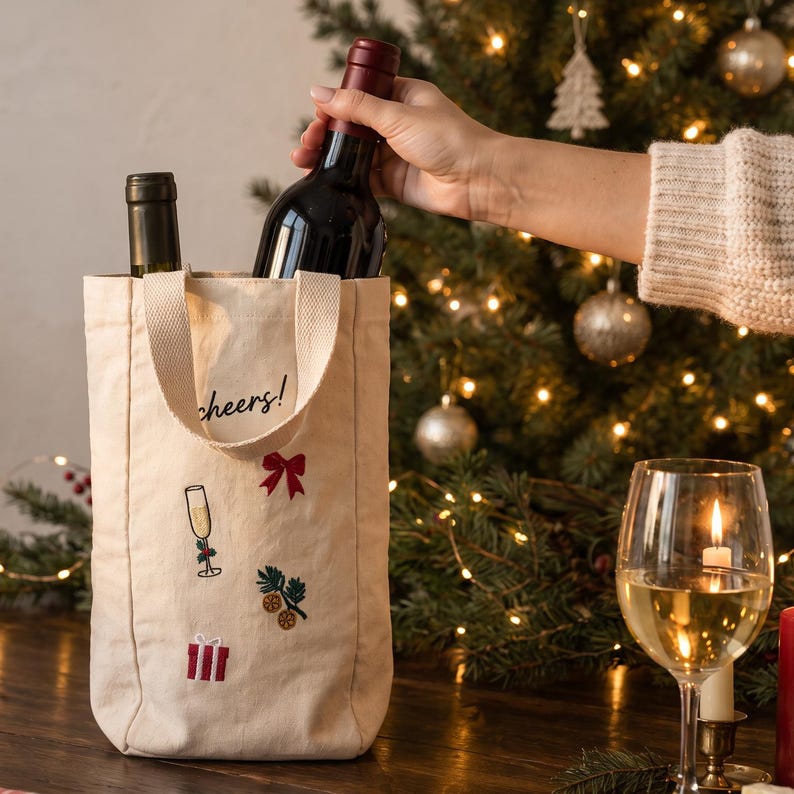 May include: A cream-colored canvas wine tote bag featuring the embroidered text cheers! and festive motifs including a red bow, a champagne flute, pine branches with oranges, and a gift box. The bag holds two wine bottles with dark glass.