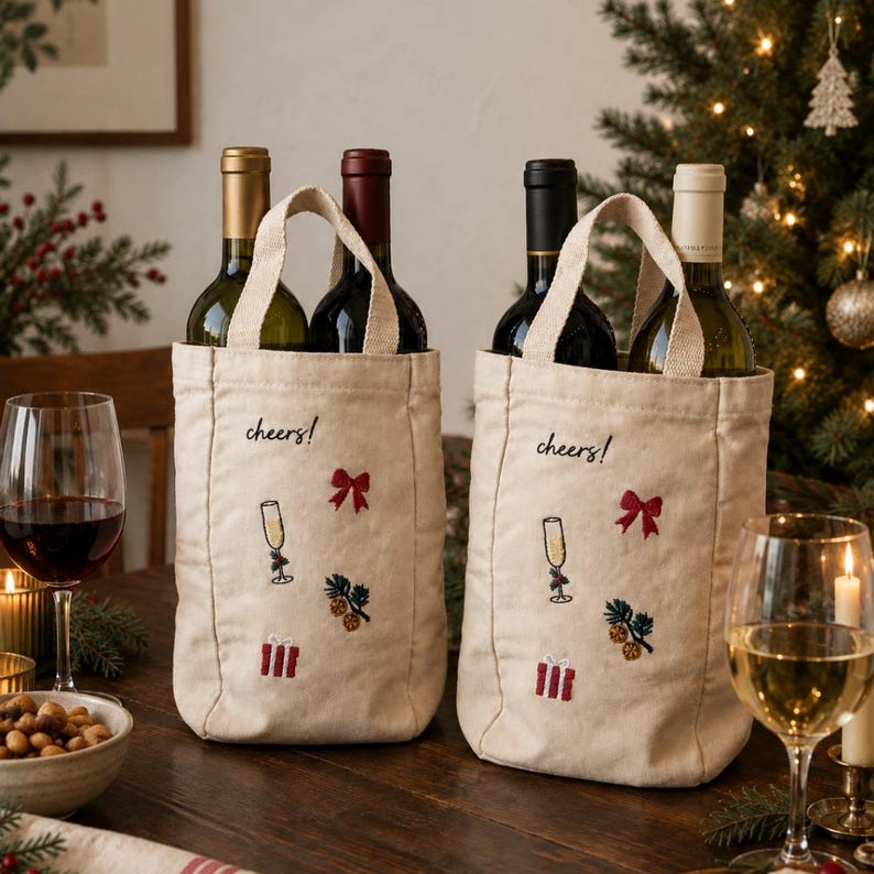 May include: Two off-white canvas wine bottle bags with handles, each embroidered with the word cheers, a champagne flute, a red bow, a pine sprig, and a gift box. Each bag holds a wine bottle, one with a gold foil and one with a black foil.