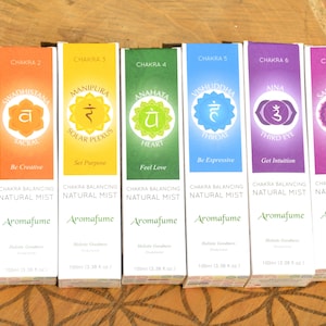 Op de afbeelding: Zeven kleurrijke flessen met chakra-balancerende natuurlijke mist, gelabeld met de Sanskriet-symbolen en namen voor elke chakra. De flessen zijn in een rij op een houten oppervlak gerangschikt. Elke fles is 100 ml (3,38 fl oz).