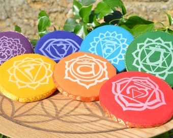 May include: Seven round, colorful meditation cushions with embroidered symbols representing the seven chakras. The cushions are arranged in a circle on a wooden surface.