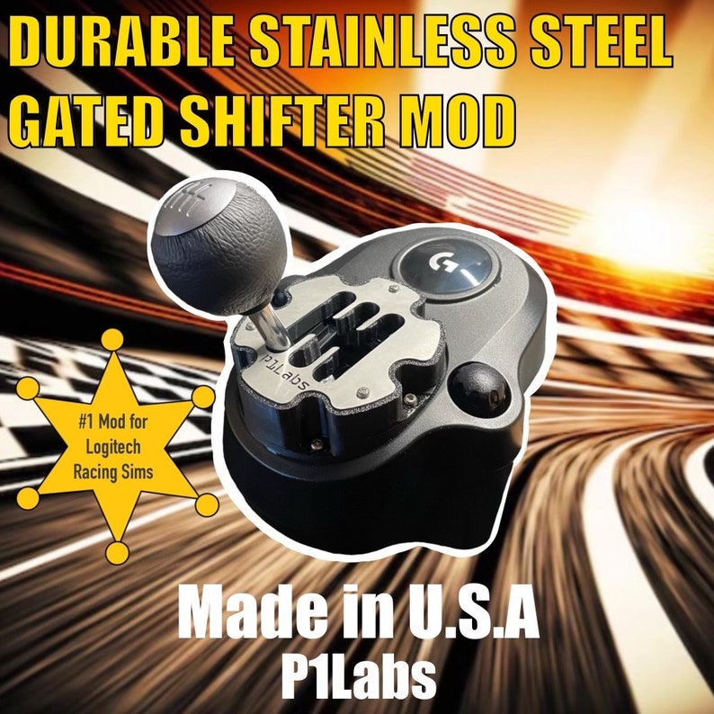 May include: A black and silver gated shifter mod for Logitech racing simulators. The shifter has a stainless steel gear plate and a black knob. The text "#1 Mod for Logitech Racing Sims" and "P1Labs" is visible on the image.