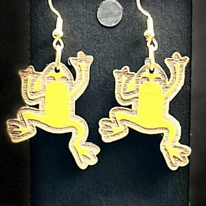 Jumping Frog Wood Earrings Handmade Yellow Wood Jewelry
