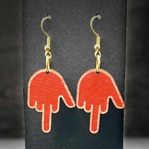 Red Middle Finger Earrings – Handmade Wooden Statement Jewelry