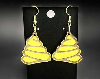 Christmas Gift Yellow Poop Emoji Wooden Earrings Handmade Novelty Jewelry Gift