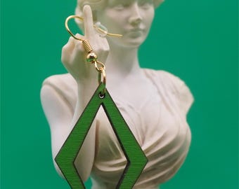 Pendientes geométricos con forma de diamante, de madera verde, joyería minimalista.