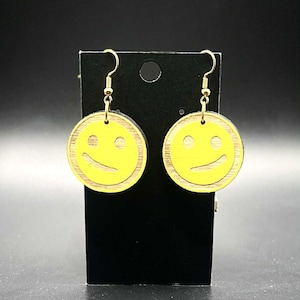 Sarcastic Smiley Face Wooden Earrings Happy Yellow Emoji Jewelry