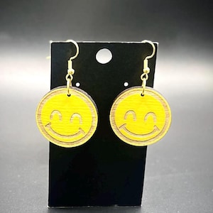 Yellow Emoji Earrings Shy Smile Face Design Wooden Fun Jewelry Gift
