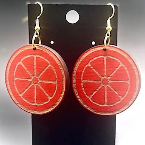 Red Orange Slice Earrings Fruit Wood Design Fun Citrus Accessories