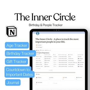 May include: A screenshot of a computer screen showing a Notion page titled "The Inner Circle - A place to track the most important people in your life." The page includes a table with columns for name, age, birthday, gift ideas, and relationship. The page also includes a section for "People of Importance" with a list of names and birthdays. The page is designed to help users track important people in their lives and keep track of birthdays, anniversaries, and other important dates.