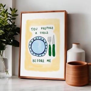 You Prepare A Table Aesthetic Christian Wall Art, Psalm 23:5 Modern Bible Verse Art Print, Retro Christian Poster, Pastel Kitchen Decor Art