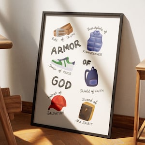 Könnte beinhalten: Ein weißes Poster mit den Worten "Rüstung Gottes" in Schwarz. Das Poster zeigt Illustrationen verschiedener Rüstungsteile, darunter ein Gürtel, ein Brustpanzer, Schuhe, ein Helm, ein Schild und ein Schwert. Jedes Rüstungsteil ist mit einer entsprechenden Tugend beschriftet, wie "Wahrheit", "Gerechtigkeit", "Frieden", "Erlösung", "Glaube" und "der Geist".