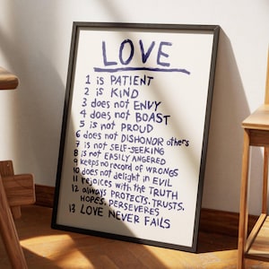 Love Is Patient Love Is Kind Retro Aesthetic Christian Wall Art, 1 Corinthians 13:4-8 Modern Bible Verse Art Print, Love Never Fails Poster