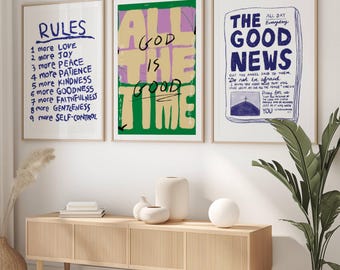 Set of 3 Aesthetic Christian Wall Art Bundle, Modern Christian Art Prints, The Good News God Is Good Fruit Of The Spirit Biblical Scripture