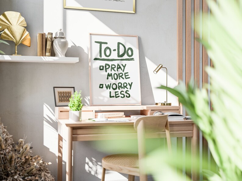 Pray More Worry Less Retro Christian Art Print, Aesthetic Christian Wall Art,  Modern Biblical Art, Prayer Room Decor Art, To Do List Poster
