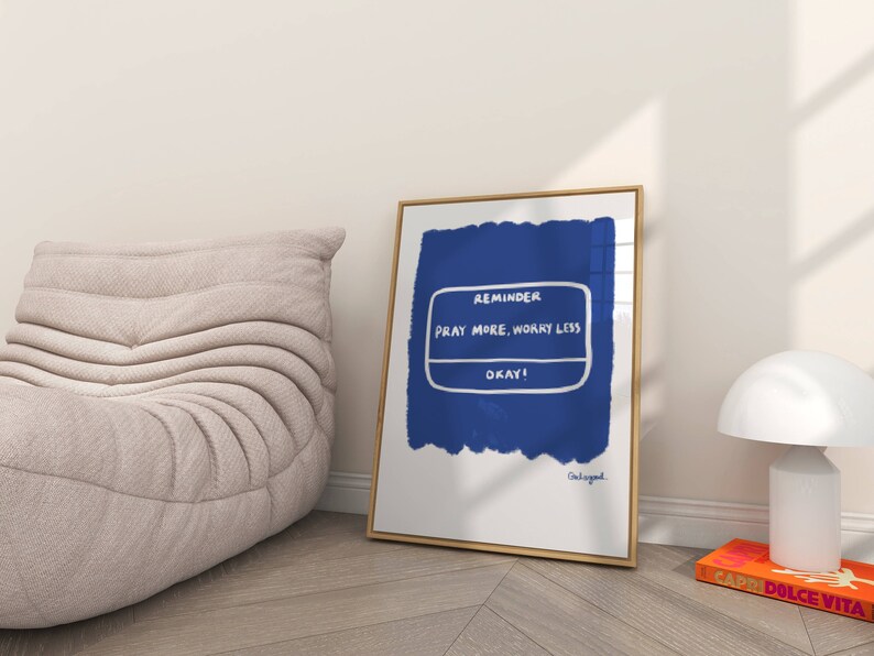 Pray More Worry Less Aesthetic Christian Art Print, Retro Christian Print, Modern Bible Quote, Prayer Room Decor Art, Trendy Reminder Poster
