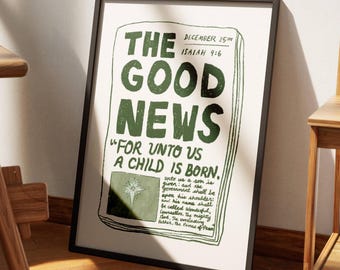 For Unto Us A Child Is Born Isaiah 9:6 Modern Bible Verse Wall Art Aesthetic Christian Christmas Home Decor Green Holiday Art Nativity Print