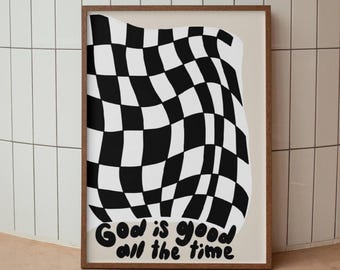 God Is Good All The Time Retro Aesthetic Christian Wall Art, Modern Christian Art Print, Neutral Beige Christian Poster Checkerboard Print