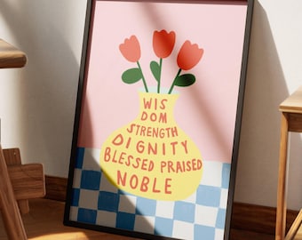 Proverbi 31, Arte murale con donna, Arte murale cristiana estetica civettuola, Poster cristiano retrò, Forza e dignità, Moglie di un nobile personaggio