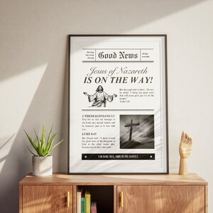 Good News Newspaper Vintage Aesthetic Christian Wall Art, Luke 2:10, 2 Thessalonians 3, Modern Bible Verse Wall Art Biblical Scripture Print