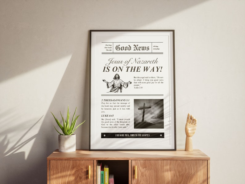 Good News Newspaper Vintage Aesthetic Christian Wall Art, Luke 2:10, 2 Thessalonians 3, Modern Bible Verse Wall Art Biblical Scripture Print