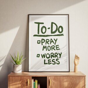 Pray More Worry Less Retro Christian Art Print, Aesthetic Christian Wall Art,  Modern Biblical Art, Prayer Room Decor Art, To Do List Poster