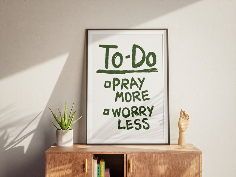 Pray More Worry Less Retro Christian Art Print, Aesthetic Christian Wall Art,  Modern Biblical Art, Prayer Room Decor Art, To Do List Poster