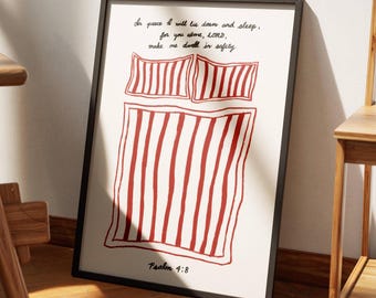 In Peace I Will Lie Down Aesthetic Christian Wall Art, Psalm 4:8 Modern Bible Verse Art Print, Biblical Scripture Art, Retro Bedroom Poster