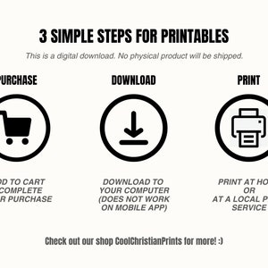 May include: Graphic with the text "3 SIMPLE STEPS FOR PRINTABLES" and instructions for digital downloads: Purchase, Download, and Print. Each step is represented by a black icon inside a white circle, with accompanying text. The image also includes a shop promotion.