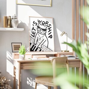 Retro Aesthetic Christian Wall Art Let's Worship Modern Christian Art Print Trendy Cat Illustration Poster Worship Leader Gift For Christian