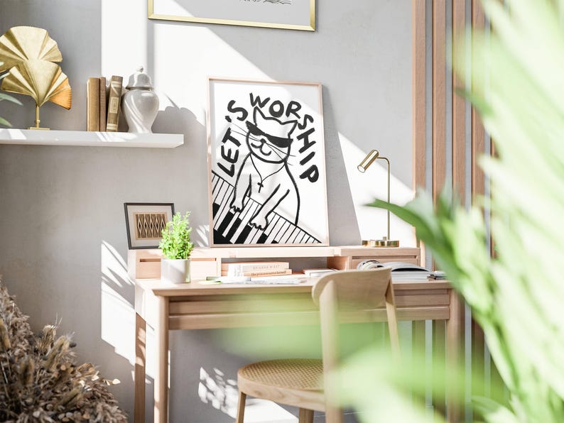 Retro Aesthetic Christian Wall Art Let's Worship Modern Christian Art Print Trendy Cat Illustration Poster Worship Leader Gift For Christian