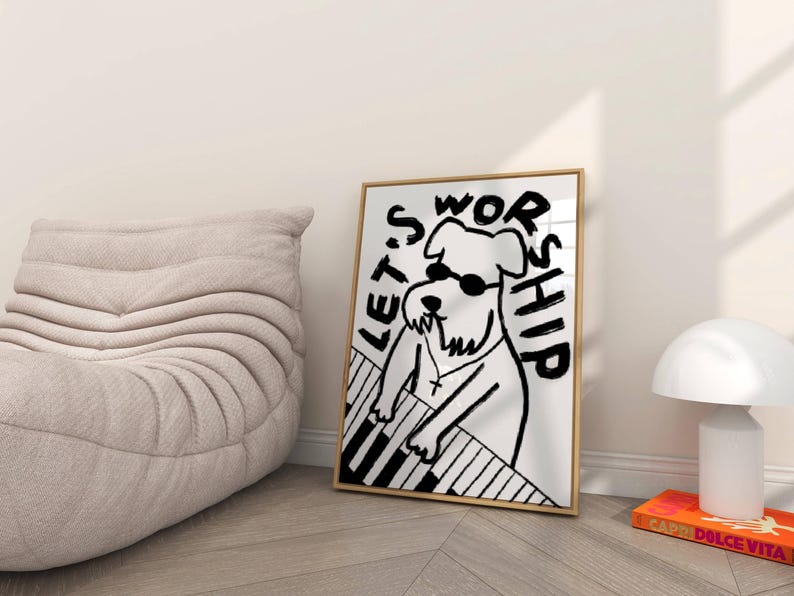Aesthetic Christian Wall Art, Modern Christian Art Print Worship Poster, Puppy Dog Illustration Poster, Worship God Art Worship Leader Gift
