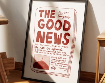 Aesthetic Christian Wall Art, Luke 2:10, 2 Thessalonians 3, Good News Art Print, Modern Bible Verse Wall Art, Red Biblical Scripture Poster