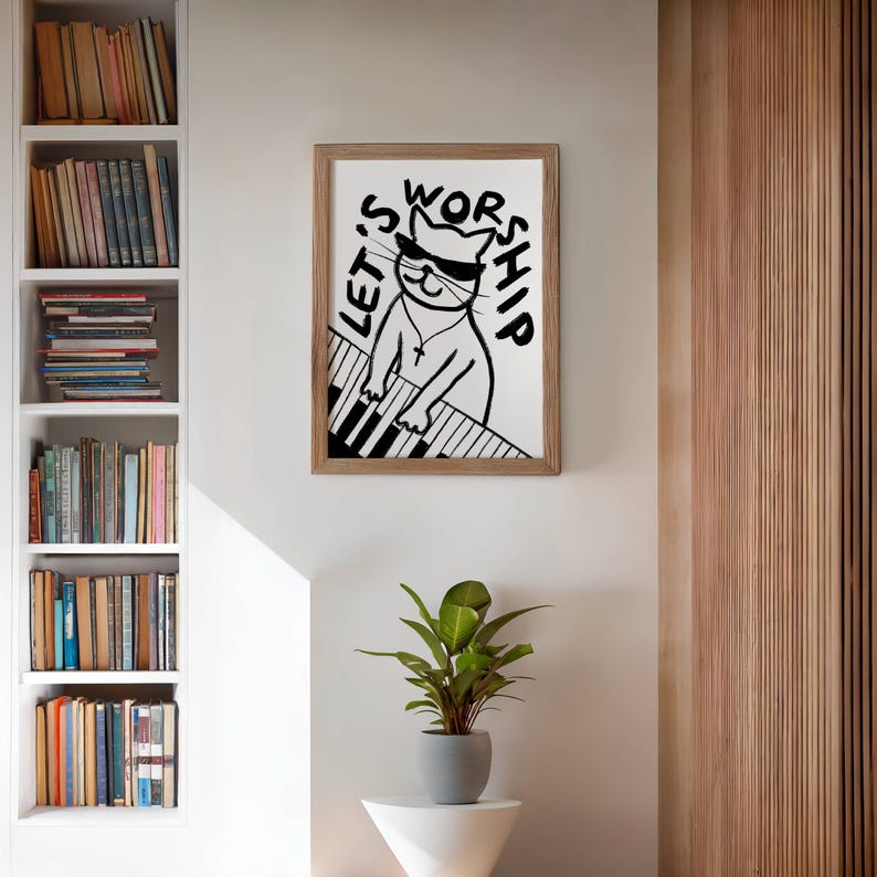 Retro Aesthetic Christian Wall Art Let's Worship Modern Christian Art Print Trendy Cat Illustration Poster Worship Leader Gift For Christian