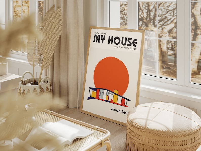 Joshua 24:15 Modern Bible Verse Art, Bauhaus architecture Wall Art, As For Me And My House we will serve the Lord, Biblical Scripture Art Print Aesthetic Christian God Poster