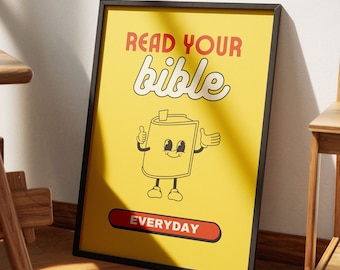 Retro Christian Wall Art, Read Your Bible Print, Aesthetic Christian Wall Art, Vintage Retro Mascot Youth Group Classroom Nursery Dorm Decor