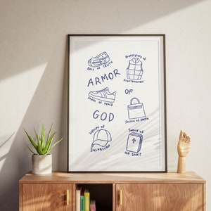 Armor of God Aesthetic Christian Wall Art Ephesians 6:10-18 Modern Bible Verse Art Print. Hand illustration pencil drawing sketch in blue. Biblical Scripture Art Simple Bible Art Christian Girl