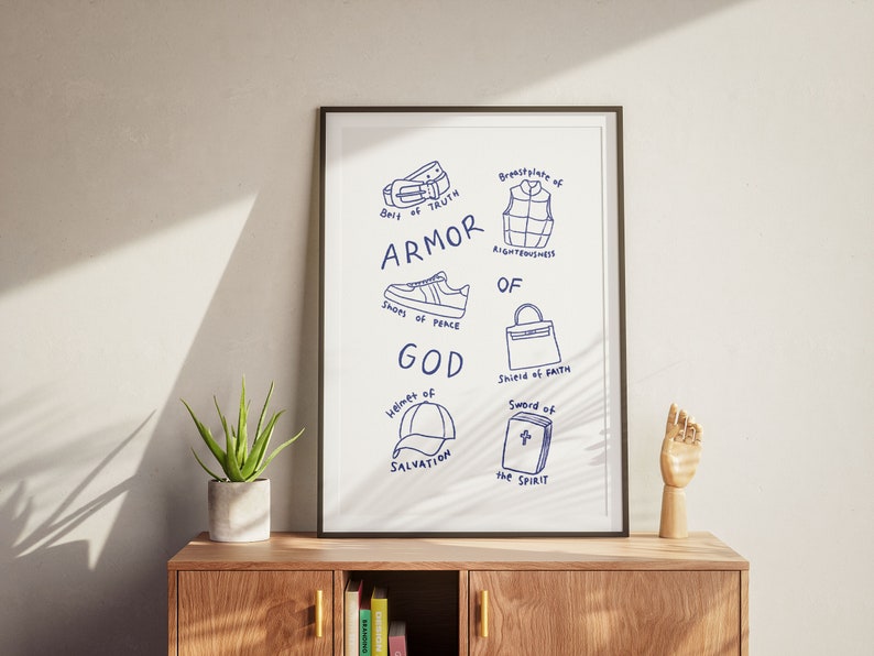Armor of God Aesthetic Christian Wall Art Ephesians 6:10-18 Modern Bible Verse Art Print. Hand illustration pencil drawing sketch in blue. Biblical Scripture Art Simple Bible Art Christian Girl