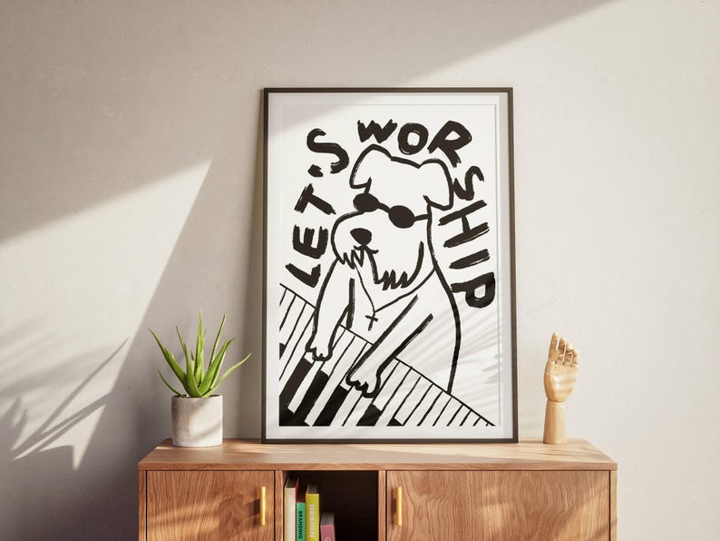 Aesthetic Christian Wall Art, Modern Christian Art Print Worship Poster, Puppy Dog Illustration Poster, Worship God Art Worship Leader Gift