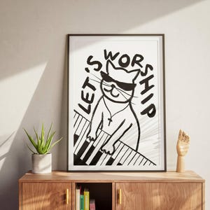 Retro Aesthetic Christian Wall Art Let's Worship Modern Christian Art Print Trendy Cat Illustration Poster Worship Leader Gift For Christian