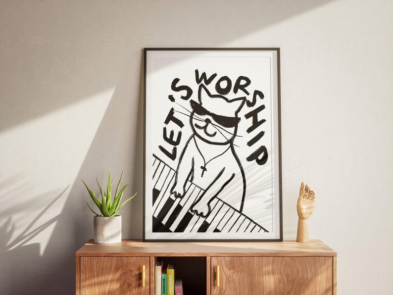 Retro Aesthetic Christian Wall Art Let's Worship Modern Christian Art Print Trendy Cat Illustration Poster Worship Leader Gift For Christian