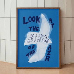 Schauen Sie sich die Vögel der Luft an. Retro-ästhetische christliche Wandkunst, Matthäus 6:26, moderne Bibelverskunst, biblische Schriftkunst, Poster, Vogeldruck