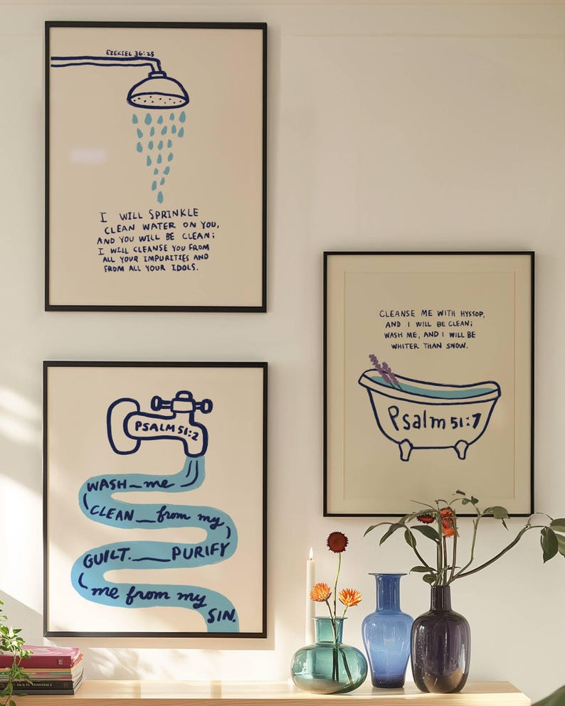 Set of 3 Trendy Christian Bathroom Wall Art Bundle, Blue Modern Bible ...