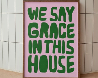 We Say Grace Retro Aesthetic Christian Wall Art, Modern Christian Art Kitchen Dining Decor Pastel Trendy Christian Poster, Prayer Room Decor