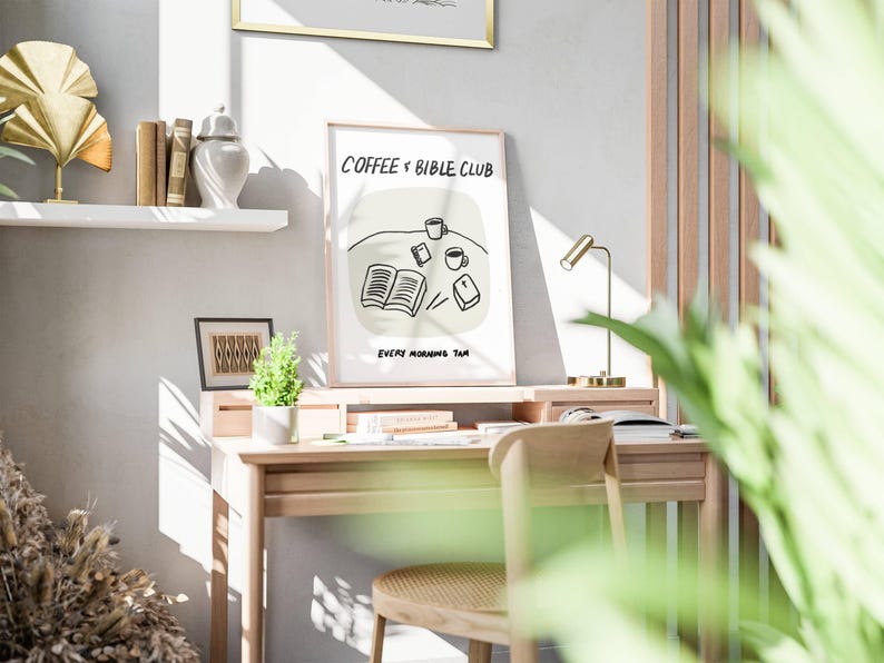 Aesthetic Christian Wall Art Coffee Bible Art Print Neutral Modern Christian Art Illustrated Retro Poster Christian Girl Faith Kitchen Decor