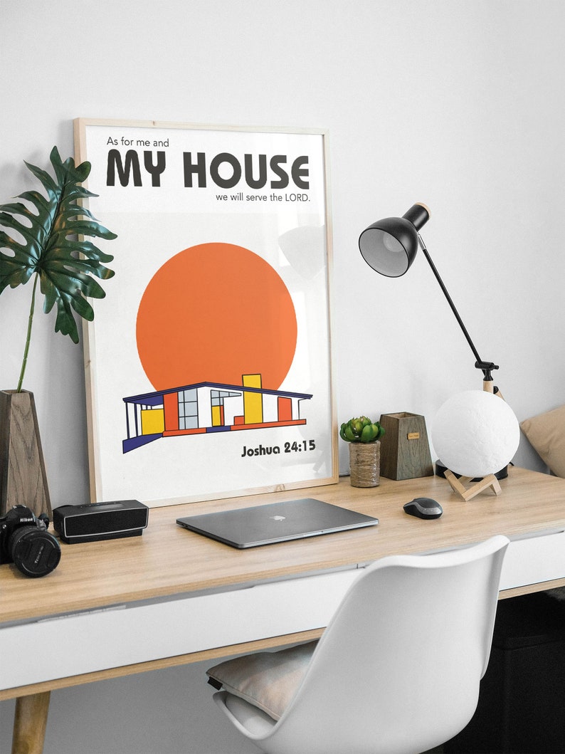 Joshua 24:15 Modern Bible Verse Art, Bauhaus architecture Wall Art, As For Me And My House we will serve the Lord, Biblical Scripture Art Print Aesthetic Christian God Poster